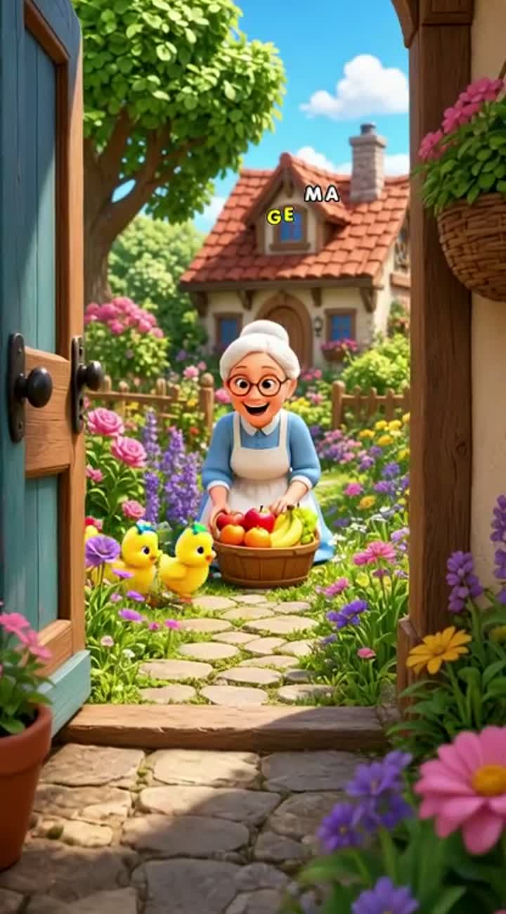 A kind grandma in a cozy country cottage teaches three cute baby… — AI cartoon