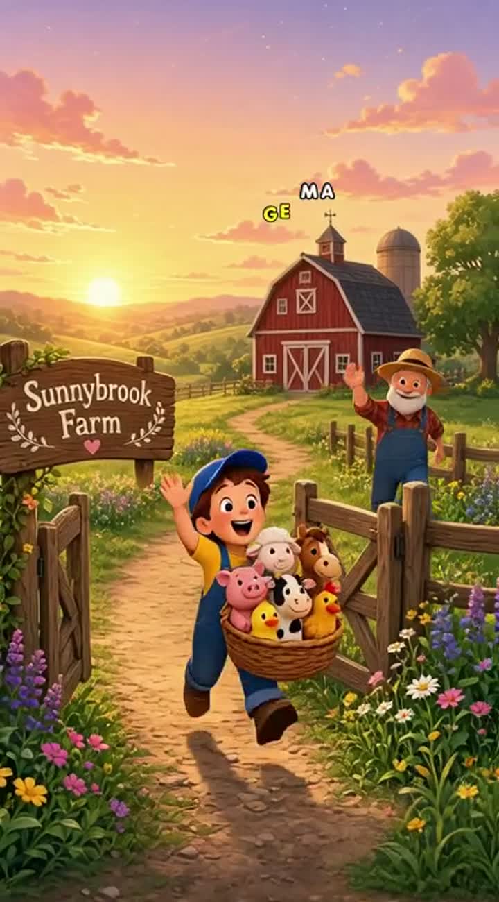 Intro: Wide shot of the farm at sunrise — AI cartoon
