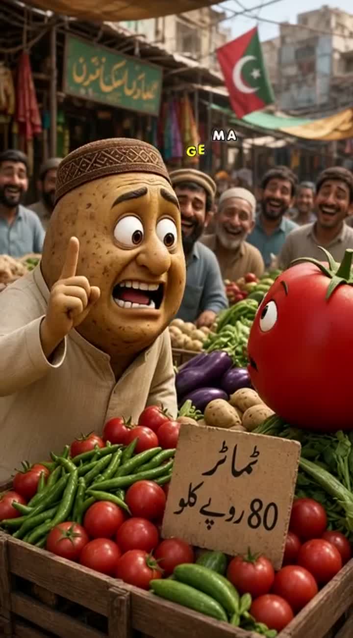 Funny 3D potato seller dramatically looking at the tomato… — AI cartoon