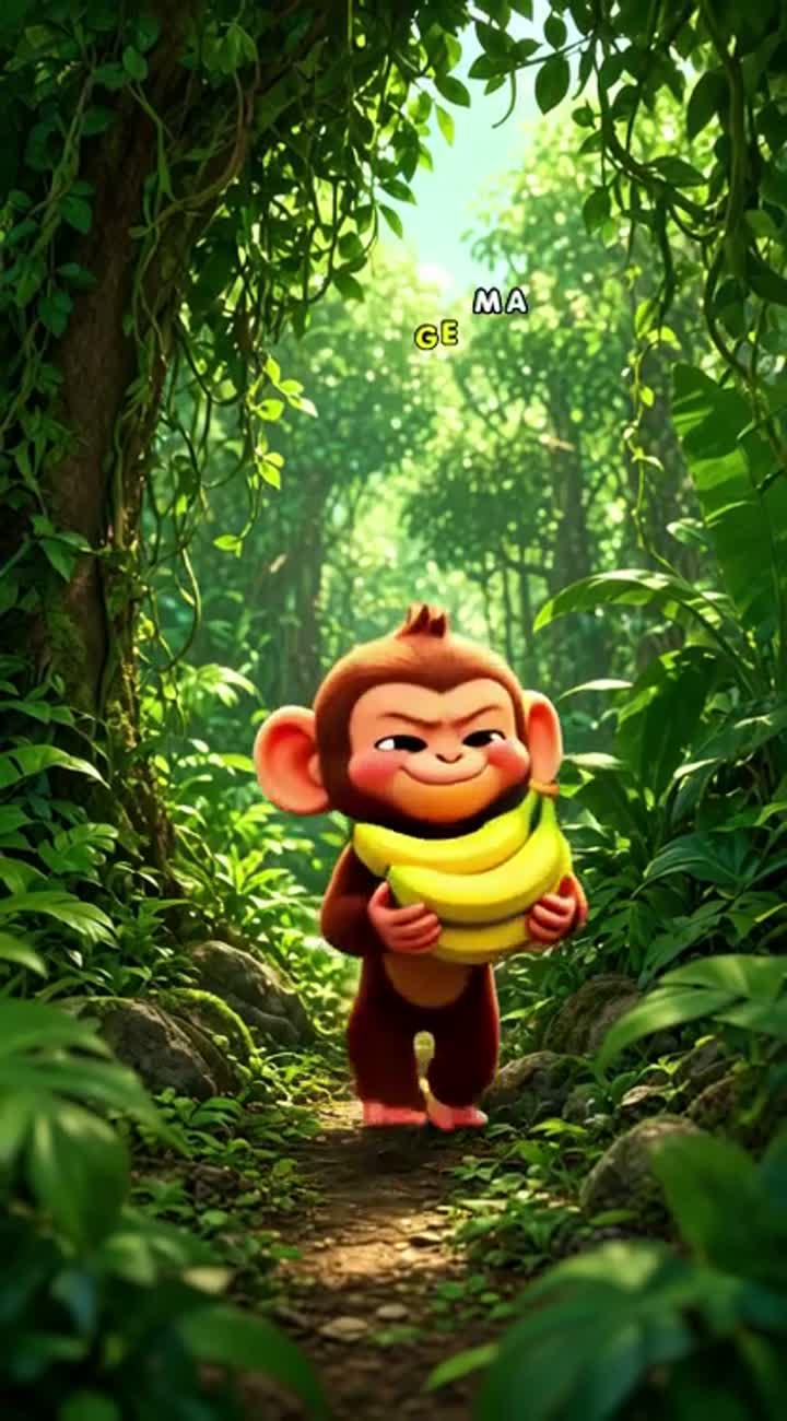 A cute baby monkey finds many bananas in a green jungle — AI cartoon