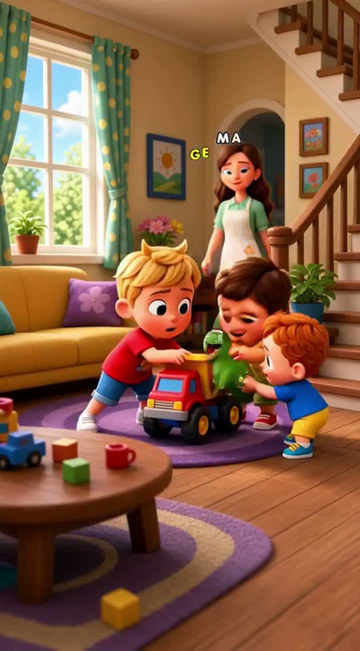 Colourful 3D animated cartoon about a loving mother and her three… — AI cartoon