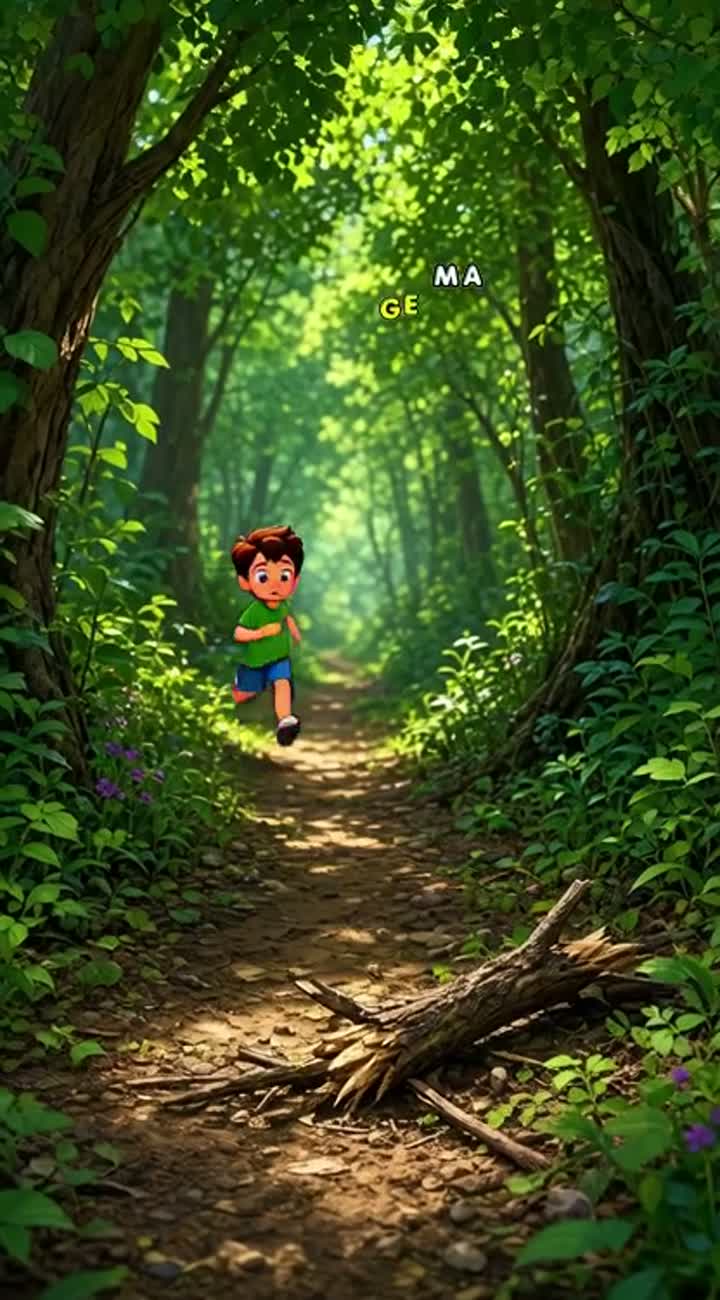 A boy is walking through the forest, steps on a branch, it cracks… — AI cartoon