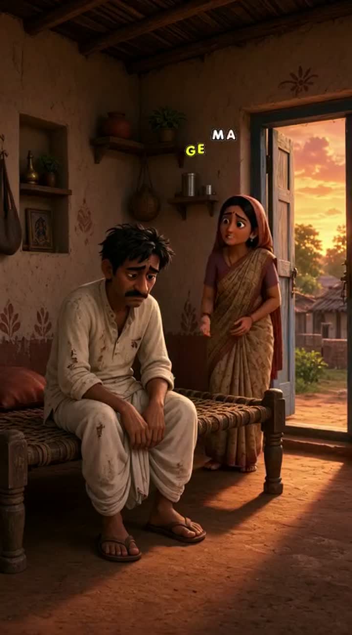 One continuous evening shot inside a modest village home: Ratan… — AI cartoon