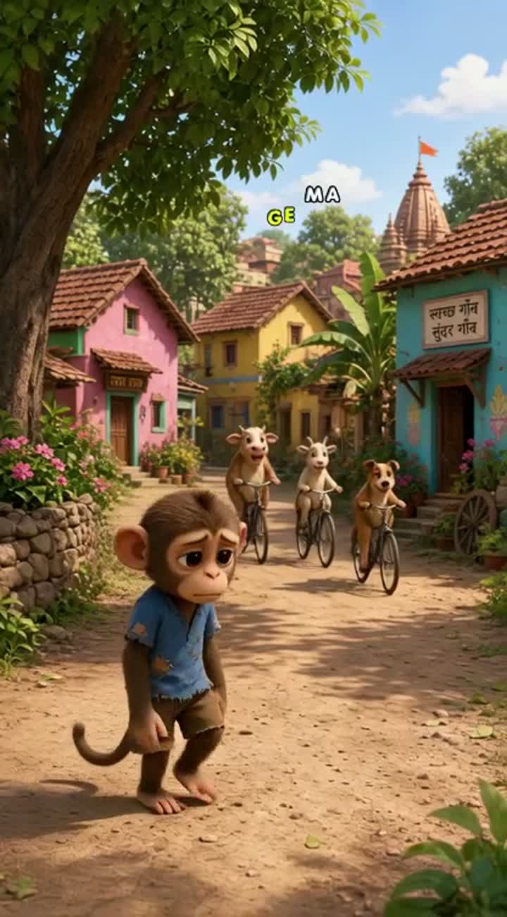 High-quality 3D cartoon story video about a poor little monkey… — AI cartoon