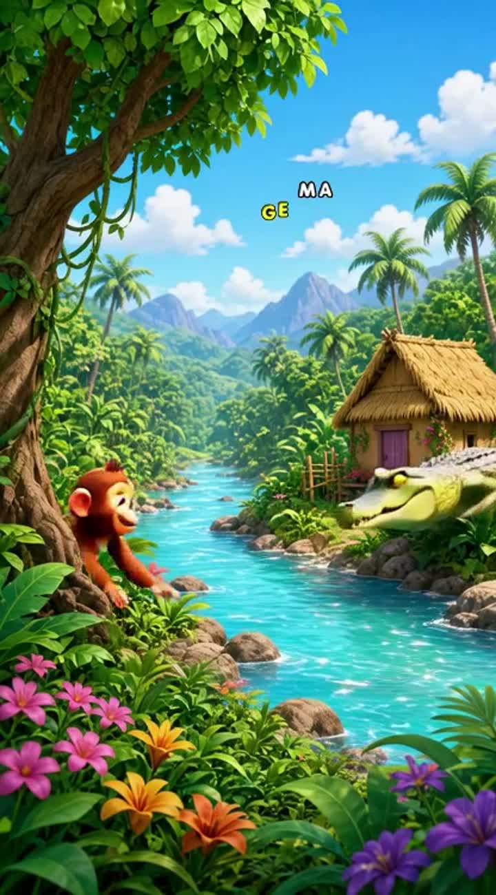 Colorful 3D cartoon story about a funny monkey and a crocodile… — AI cartoon