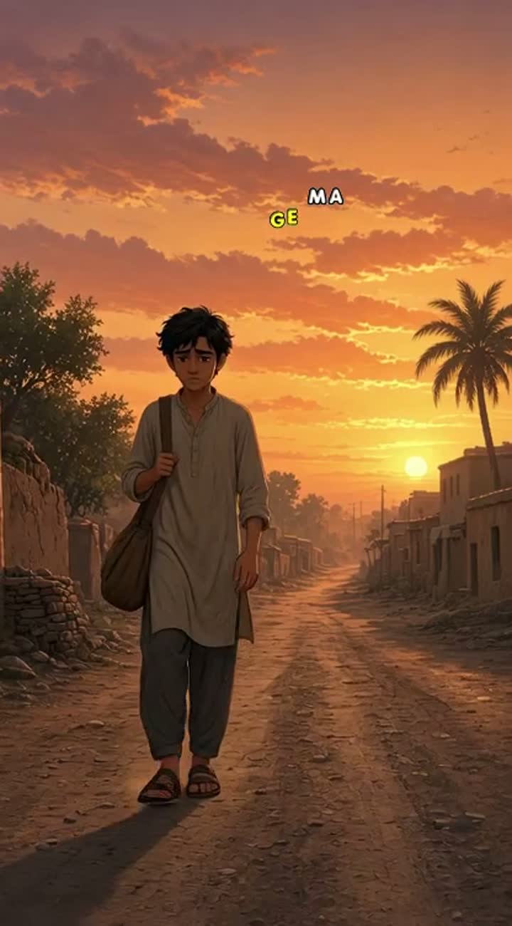 A poor young Pakistani man walking alone on a village road… — AI cartoon