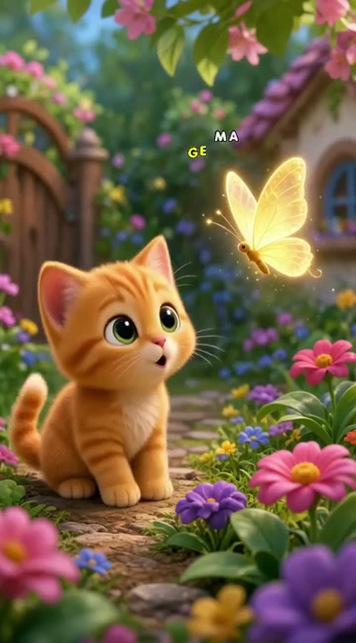 A tiny orange kitten discovers a magical glowing butterfly… — AI cartoon