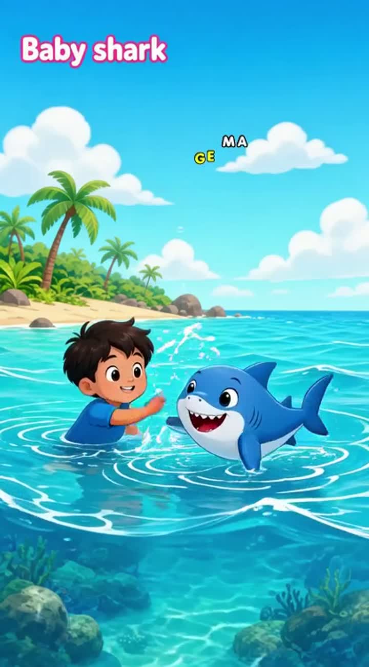 A boy playing with baby shark in the water and music should be… — AI cartoon