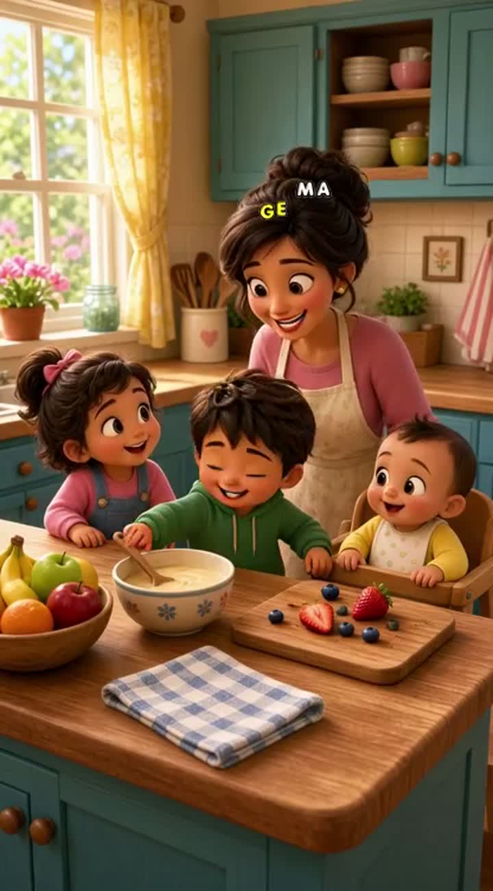 A cute 3D animated movie about a young mother and her three small… — AI cartoon