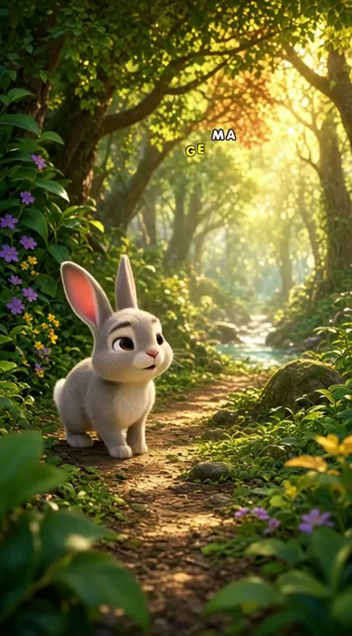 A small rabbit searches for water in a warm forest — AI cartoon