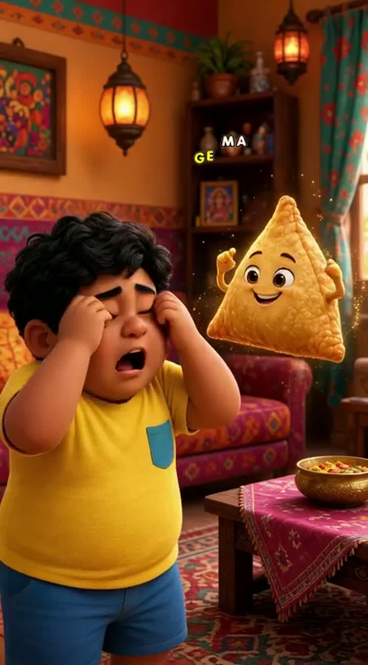 Magical 3D cartoon scene in the same colorful Indian living room — AI cartoon