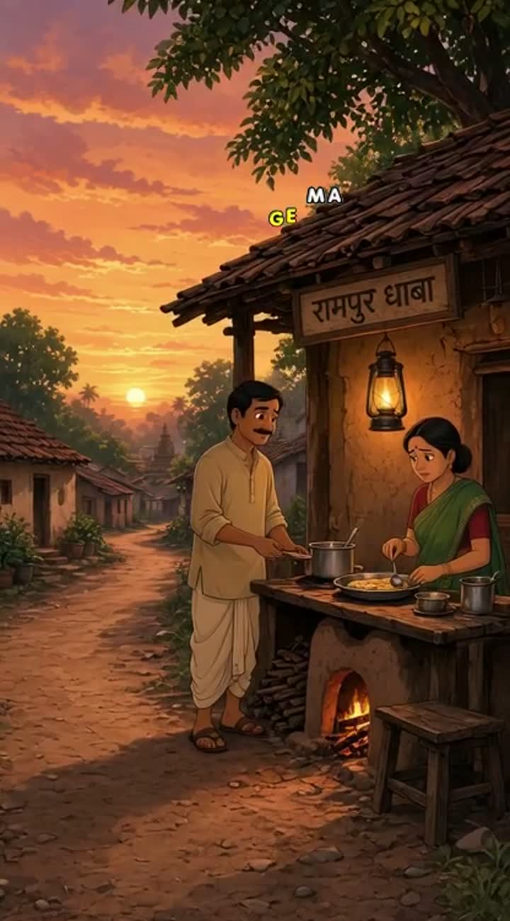At sunset, a wide shot reveals a dusty road, mud-plastered houses… — AI cartoon