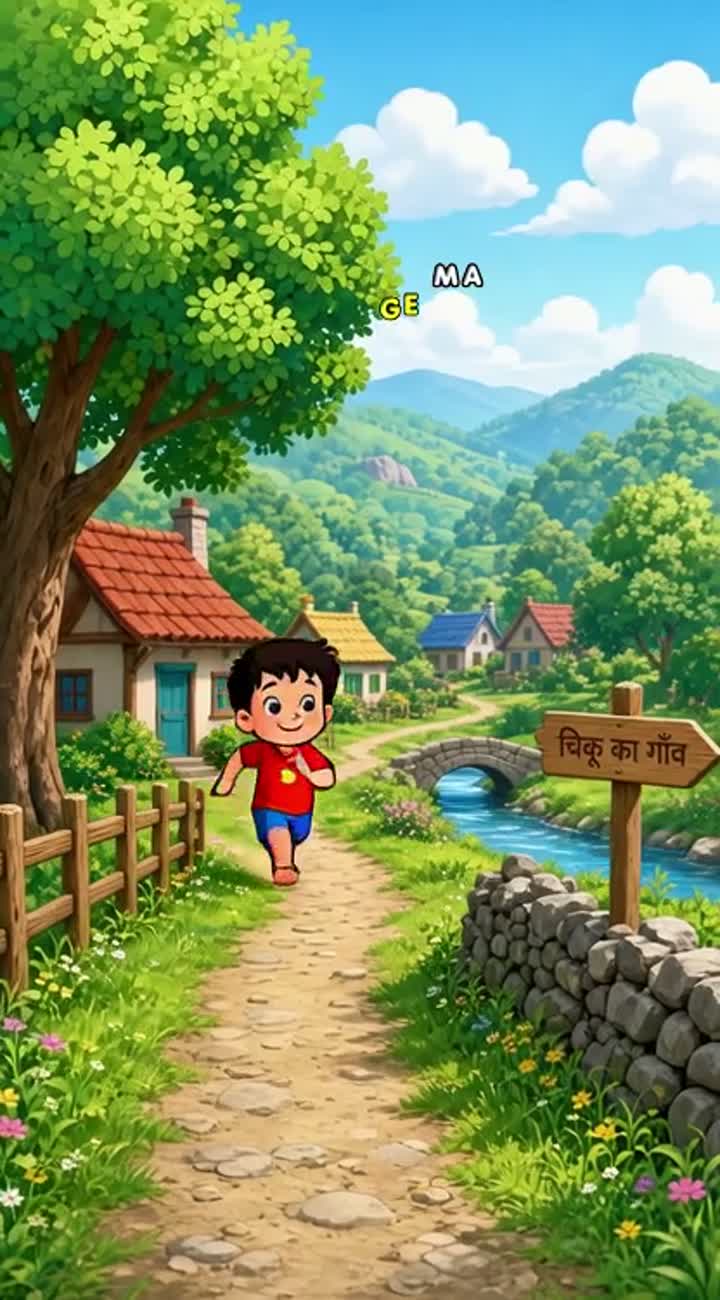 Ek chhota sa pyara sa gaon hai jahan haryali (greenery) hai — AI cartoon