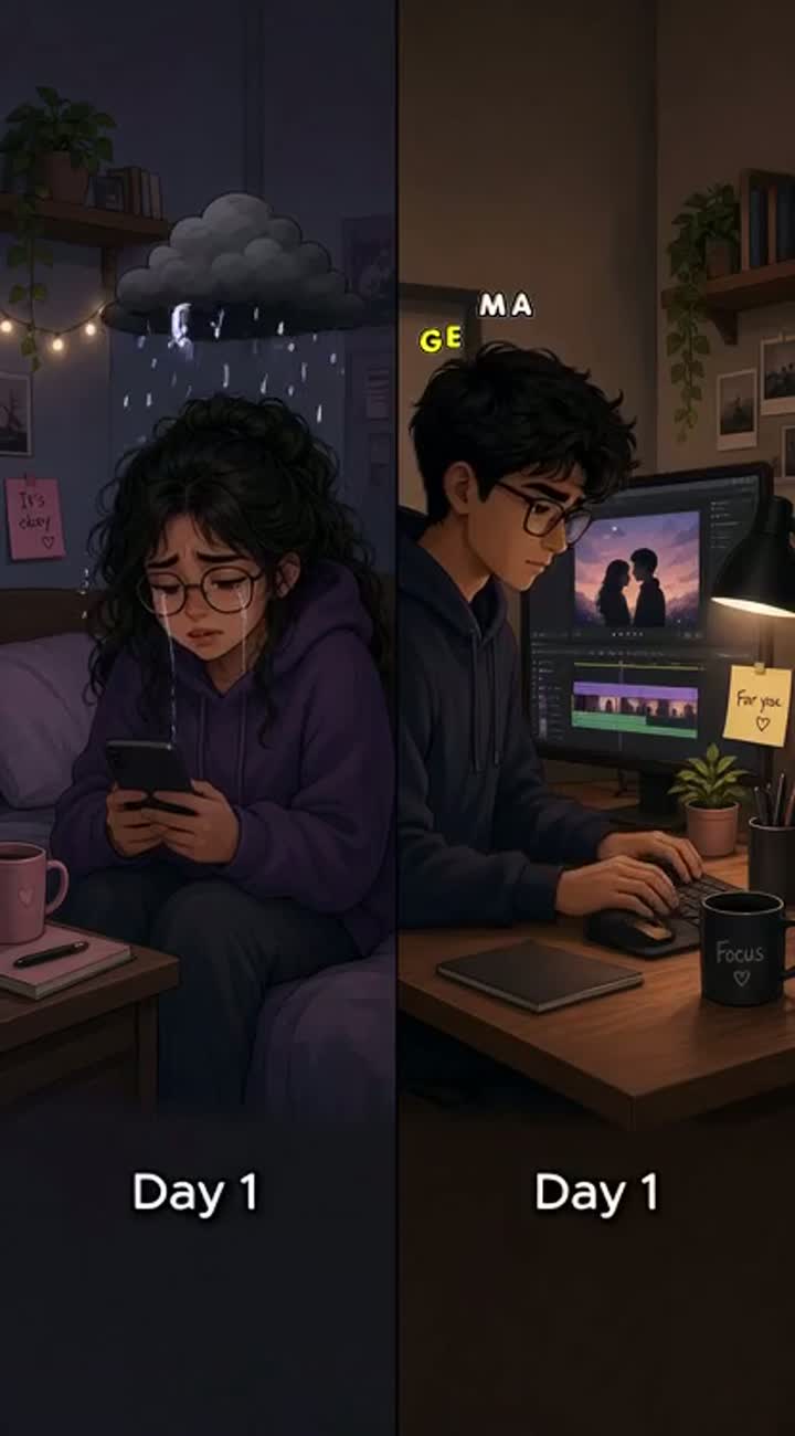 Short, emotional, cartoon-style cinematic video in split screen… — AI cartoon