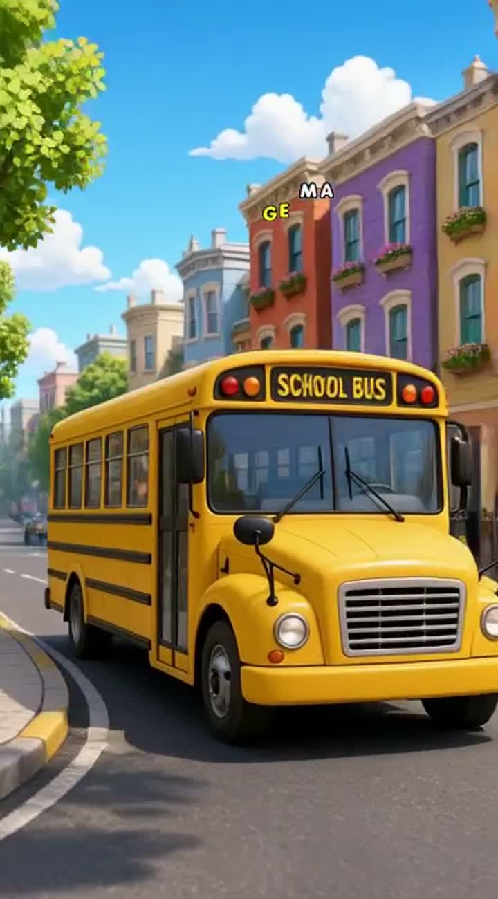0:00-0:06 A yellow bus drives along a beautiful city street — AI cartoon