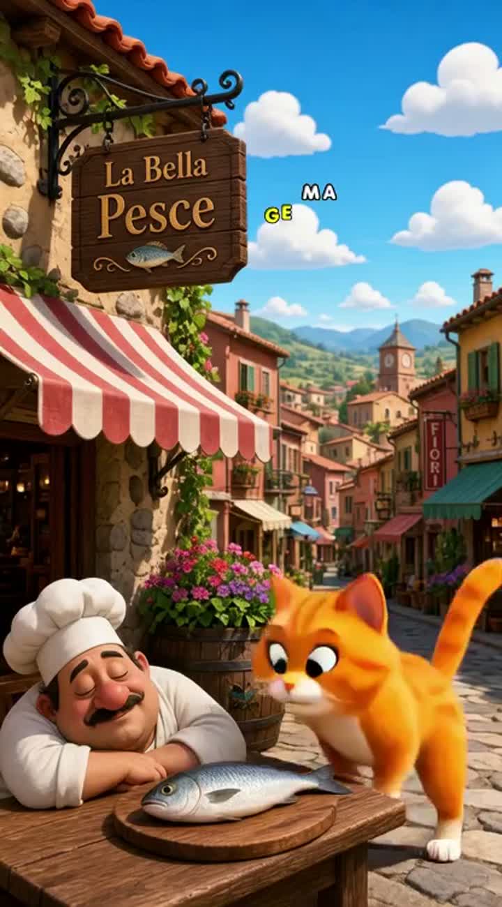 Funny 3D cartoon comedy about a clever orange cat who steals… — AI cartoon