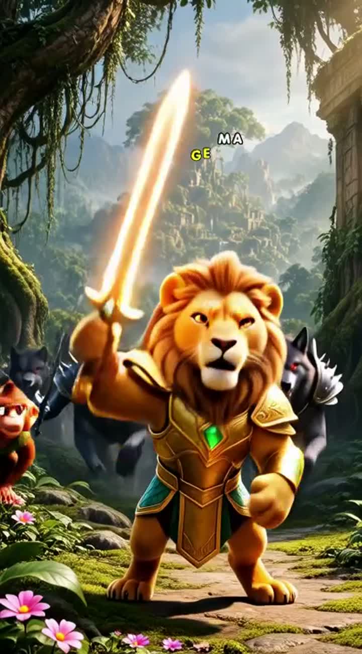 A brave young lion warrior and his clever monkey friend fight… — AI cartoon