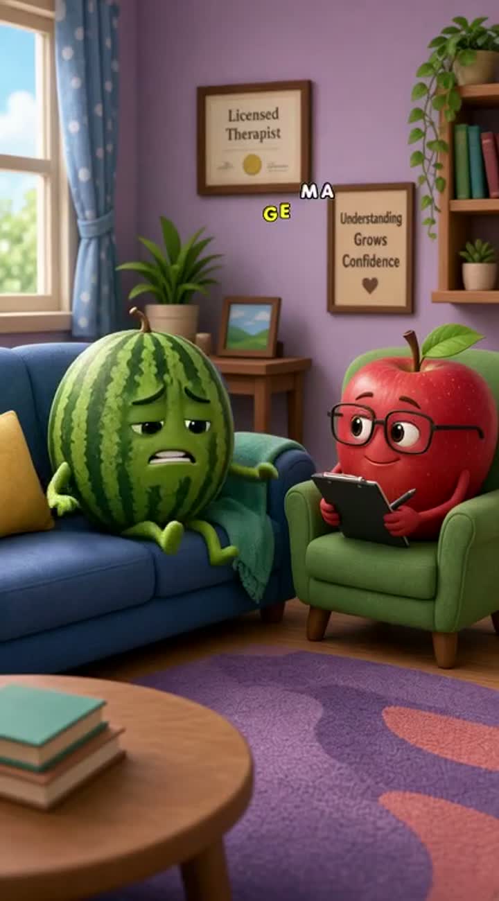 A watermelon going to therapy and the therapist is an apple — AI cartoon