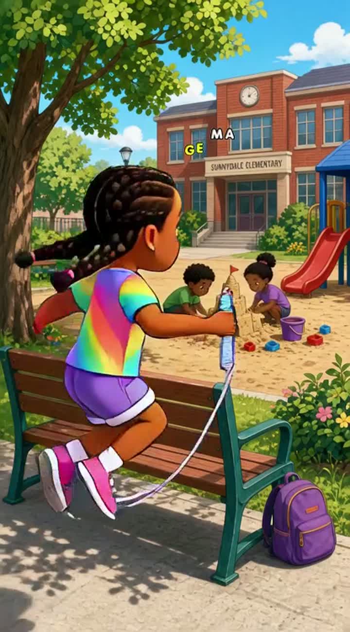Mya skipped into the schoolyard with her braids bouncing — AI cartoon