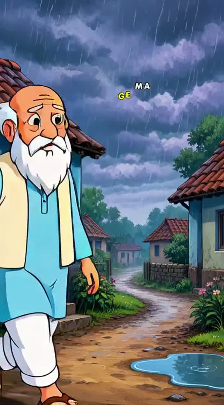 During the rain, Grandpa loses his umbrella — AI cartoon
