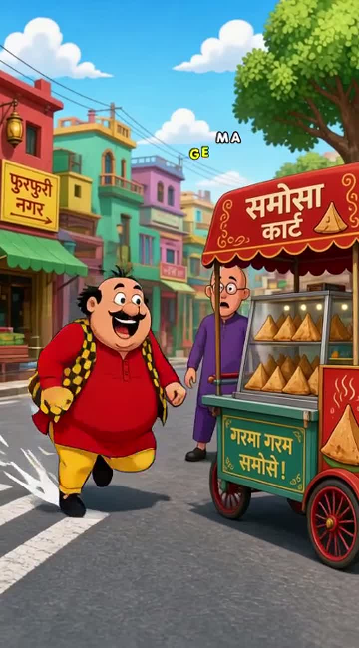 Motu runs excitedly toward the samosa cart, shouting in Hindi, "समोसे! — AI cartoon