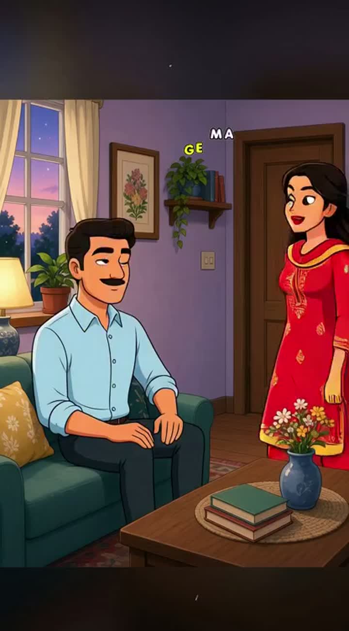The wife asks her husband in Hindi: "सुनो जी, मैं कैसी लग रही हूँ? — AI cartoon