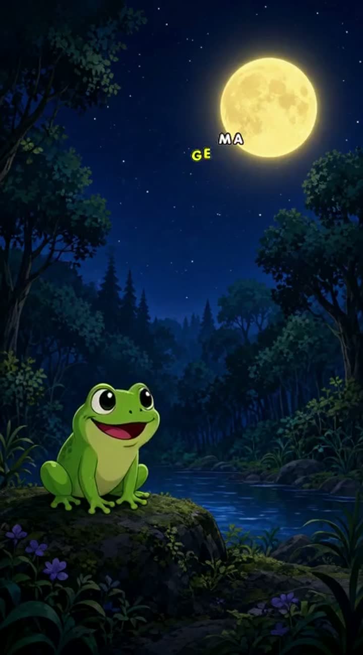 Concept: A tiny frog mistakes the moon for a marshmallow! — AI cartoon