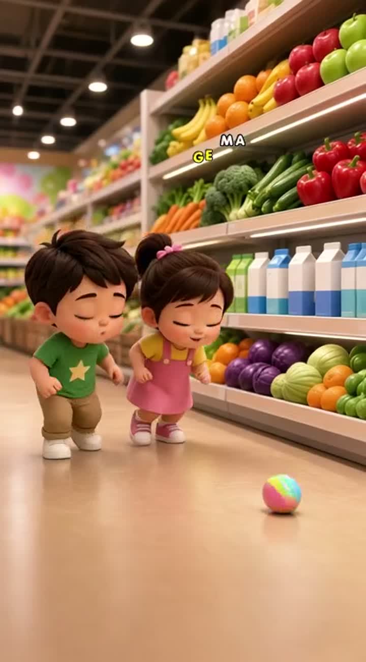 Colorful, cute 3D animated kids cartoon inside a cheerful supermarket — AI cartoon