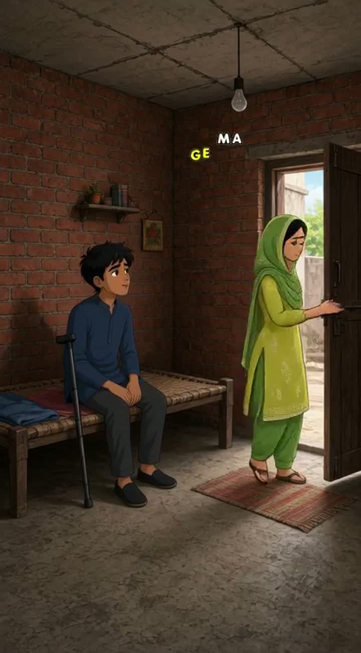 Ek viklang ladka apne kamre me betha hua hai jo sadharan eeton… — AI cartoon
