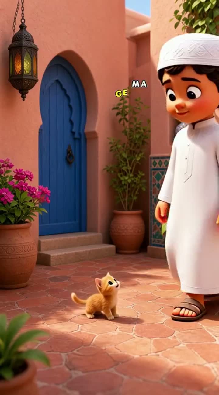 A cute 3D animated Muslim boy wearing a white kufi cap discovers… — AI cartoon