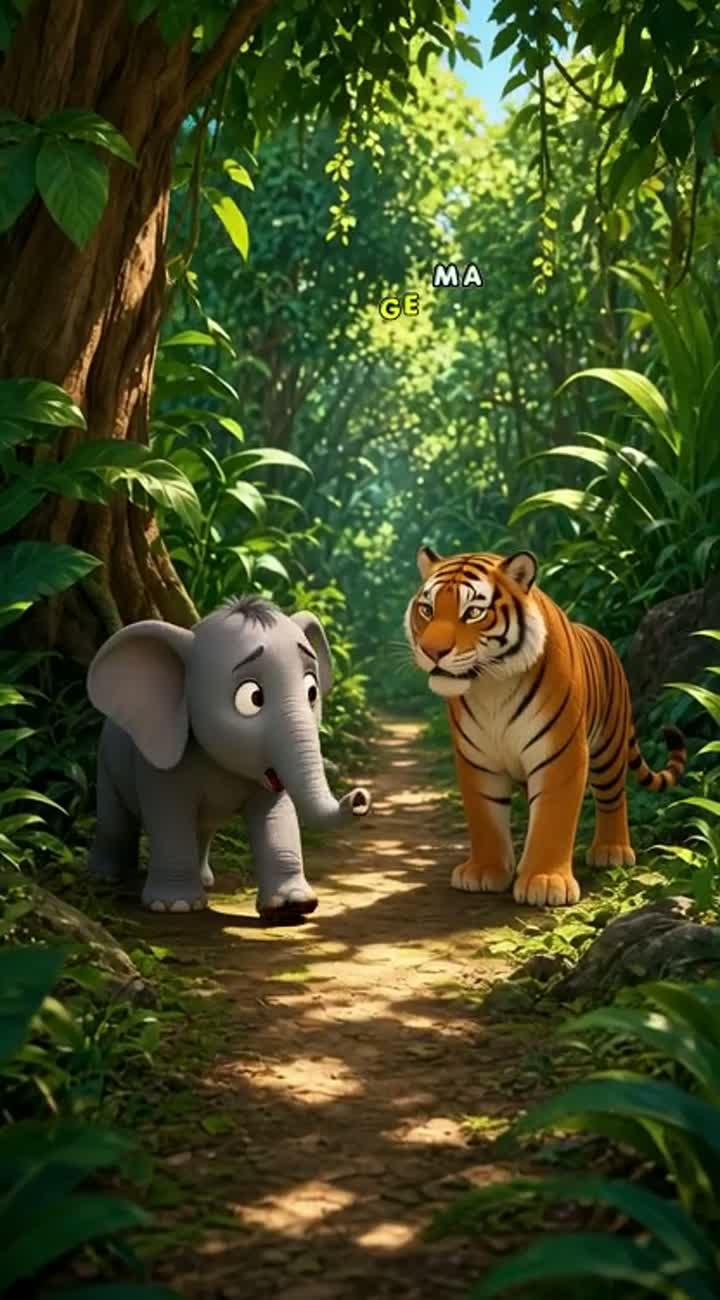 A shy elephant going in jungle and sahmne sher aa jaata hai usko… — AI cartoon