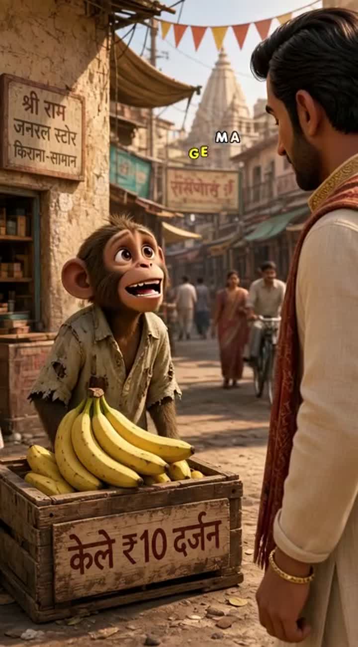 A cute poor monkey wearing an old shirt, selling yellow bananas… — AI cartoon