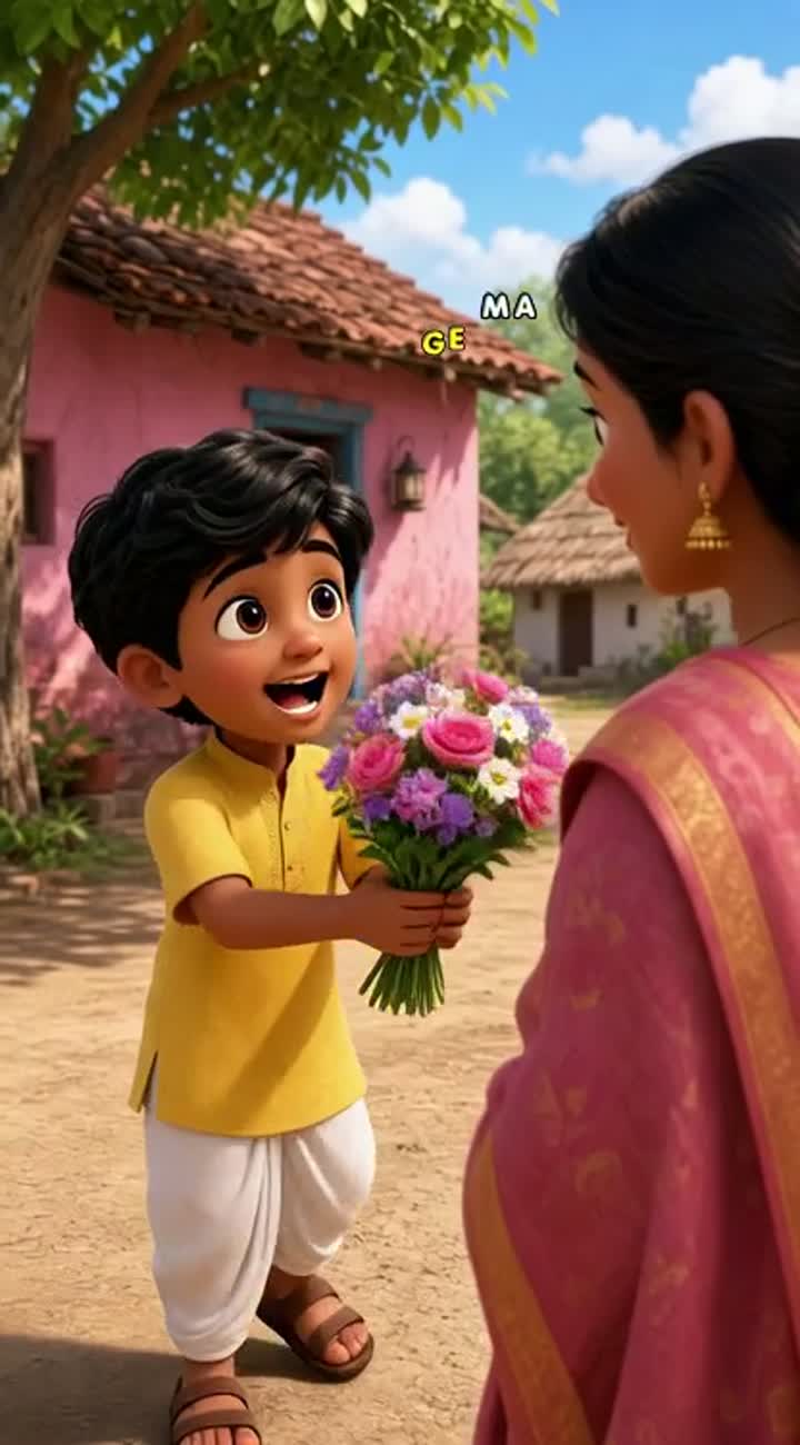 A cute 3D cartoon boy named Rahul gives flowers to his mother… — AI cartoon