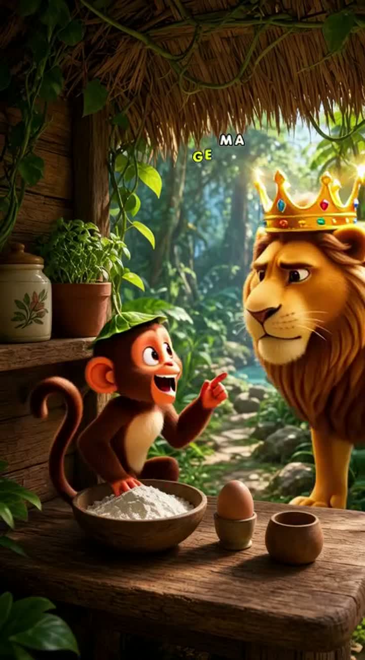 A shy robot learnsA clever little monkey tricks a proud lion… — AI cartoon