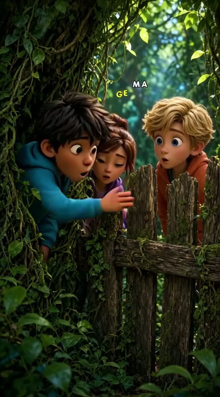 Three curious children discover a hidden entrance to a mysterious… — AI cartoon