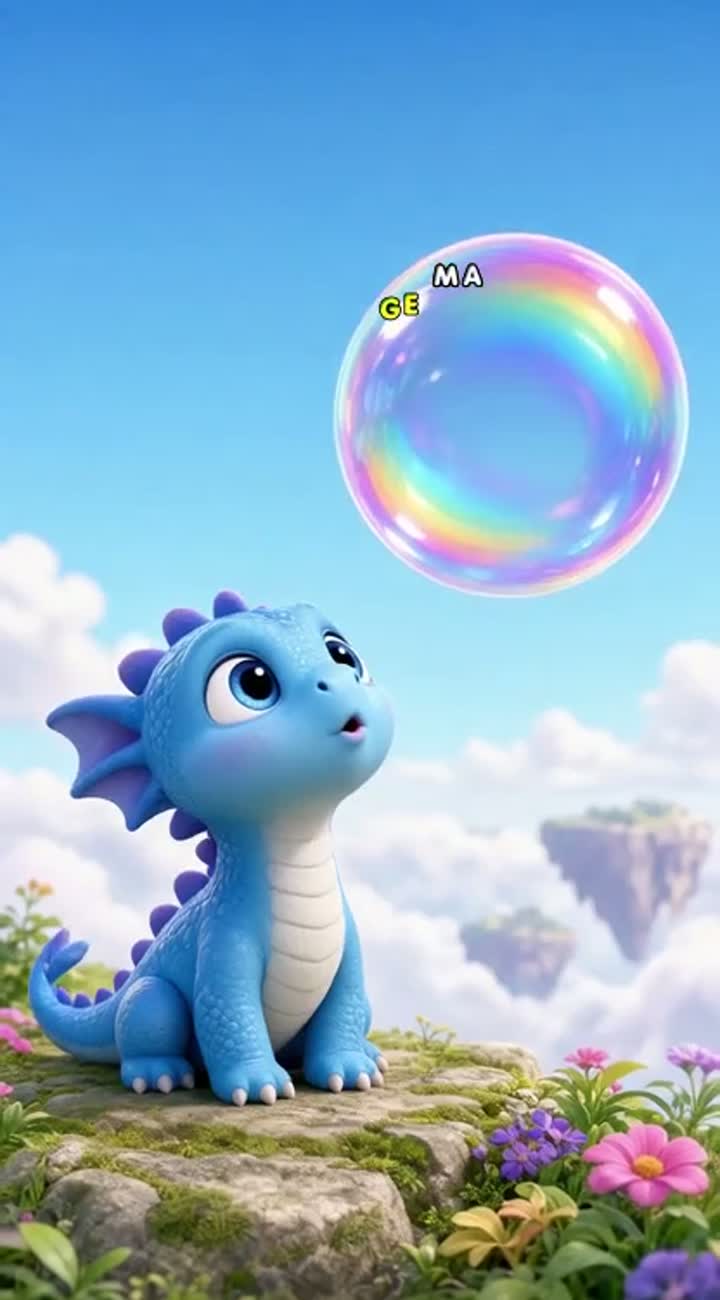 An adorable tiny blue baby dragon blows a giant rainbow bubble… — AI cartoon