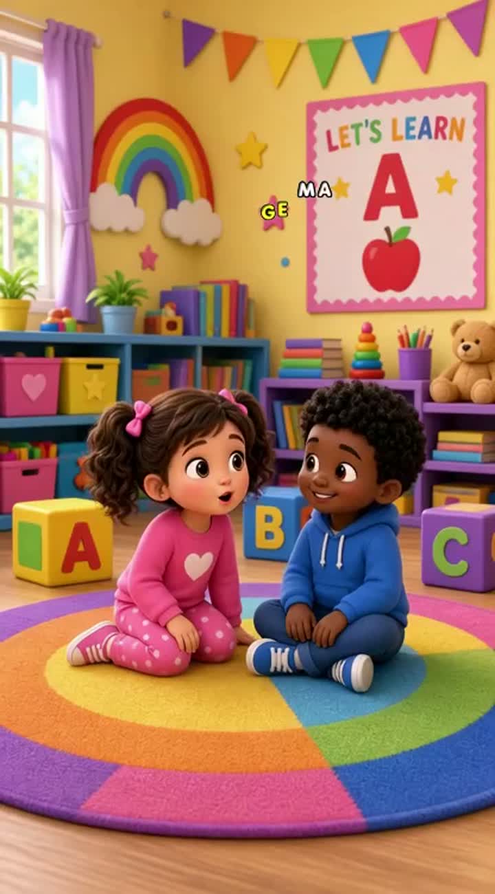 Episode 1, the letter A Mia is a happy little girl with curly… — AI cartoon