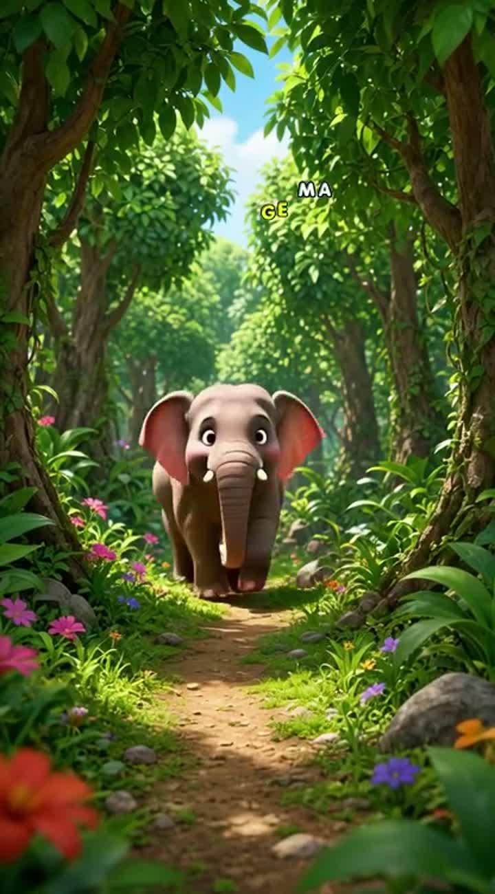 Ek pyara sa mota baby haathi hare-bhare jungle mein ghoomne jaata hai — AI cartoon