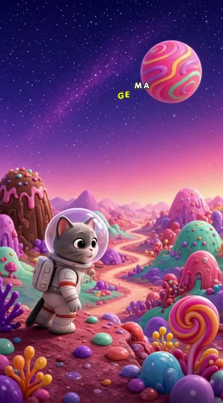 A tiny astronaut cat discovering a andy planet... — AI cartoon