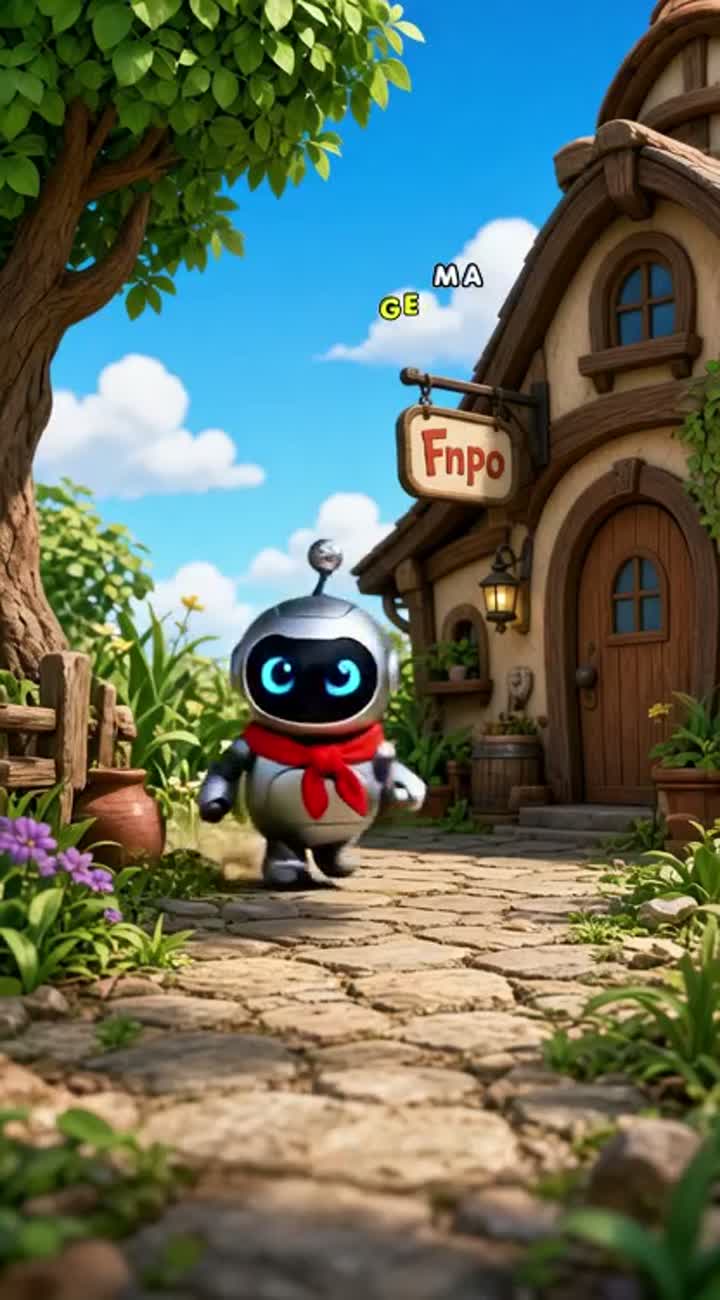 A cartoon character named Fnpo: a small round robot with a dented… — AI cartoon