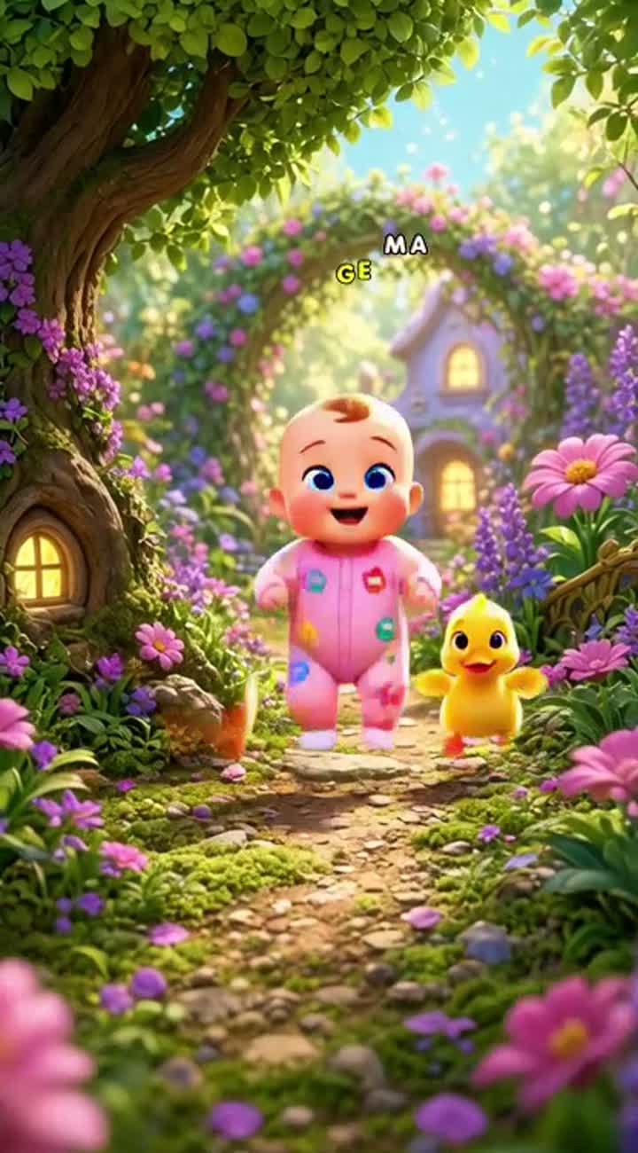 Un bébé mignon danse avec un petit chien et un caneton jaune dans… — AI cartoon