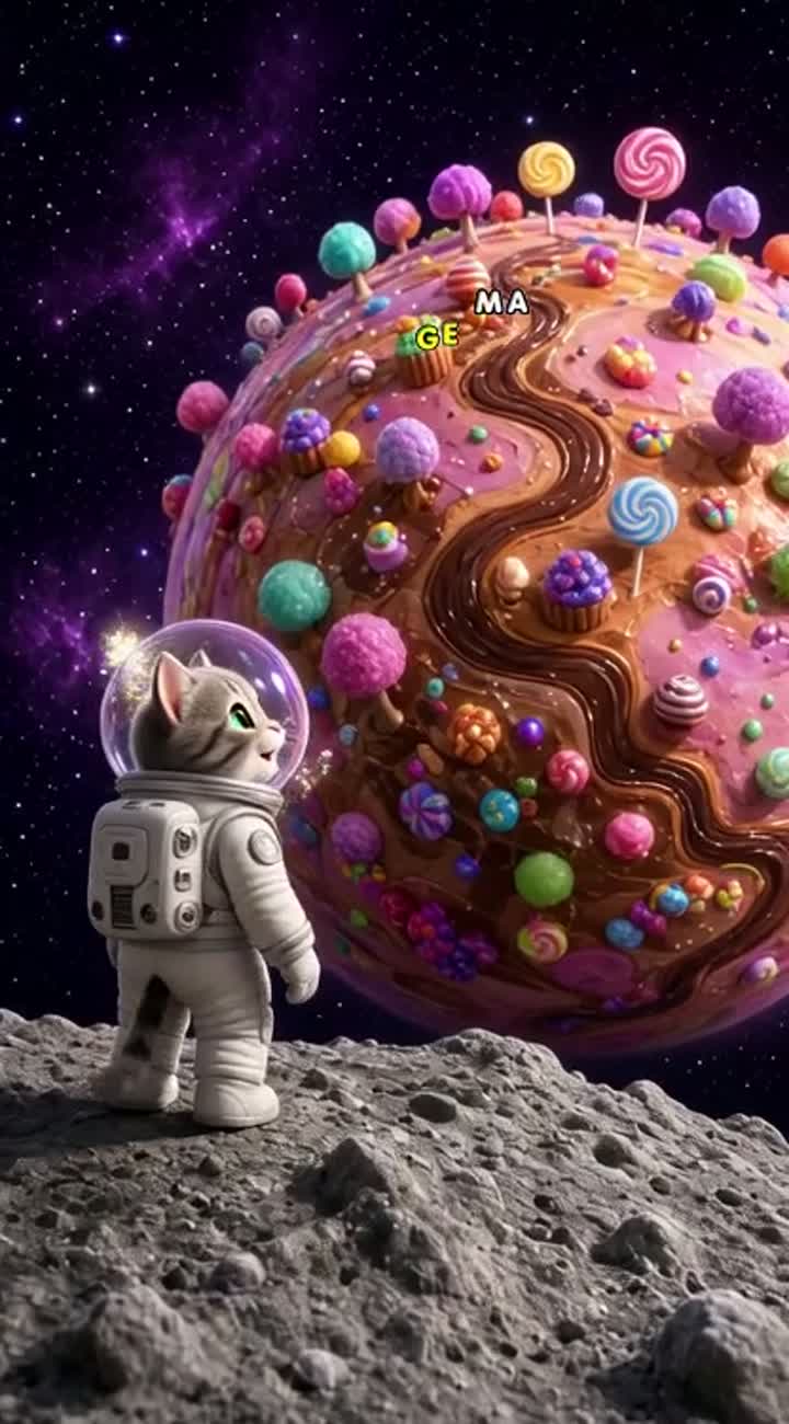 A cute little astronaut cat travels through space and discovers… — AI cartoon