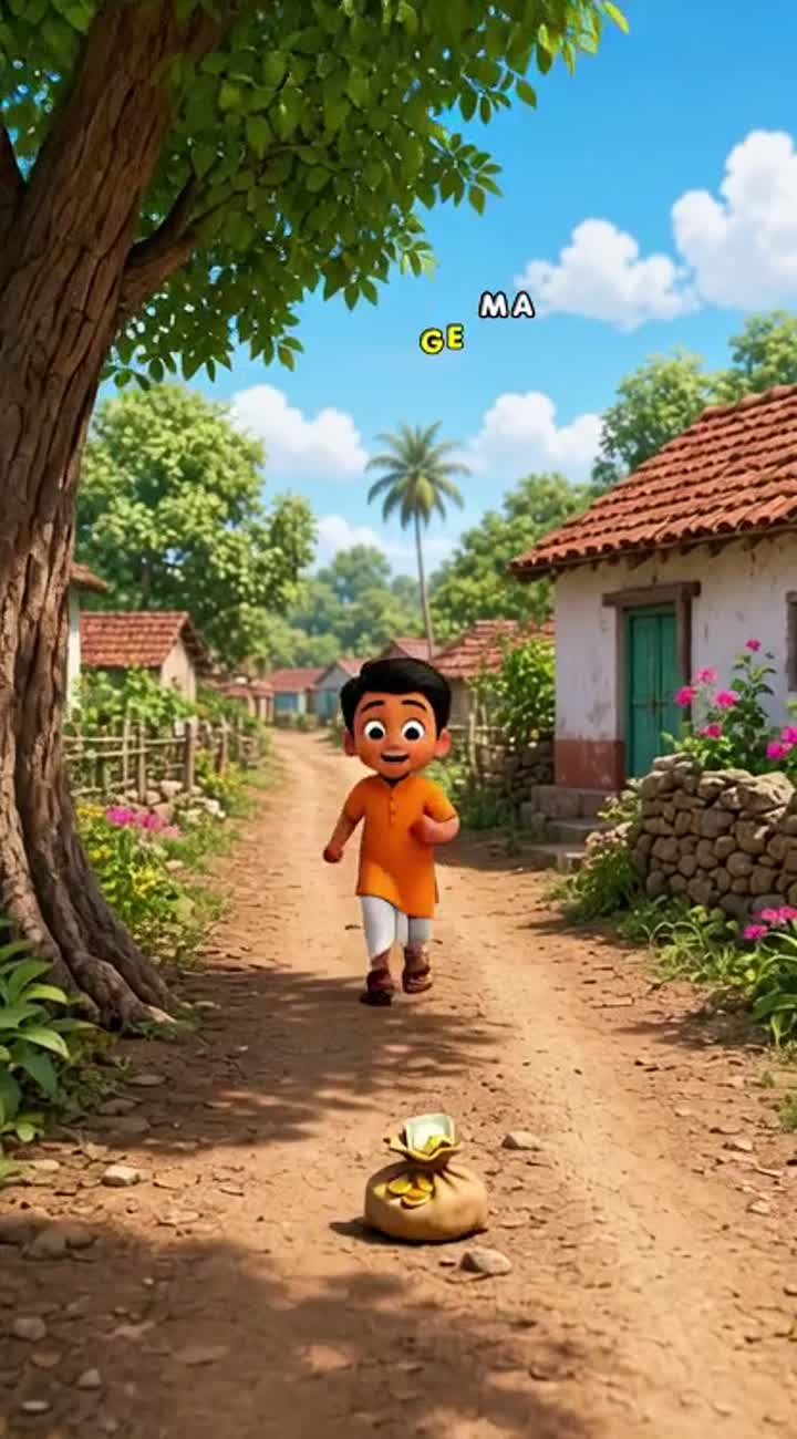 A cute 3D cartoon of a young Indian boy named Ramu who finds a bag… — AI cartoon
