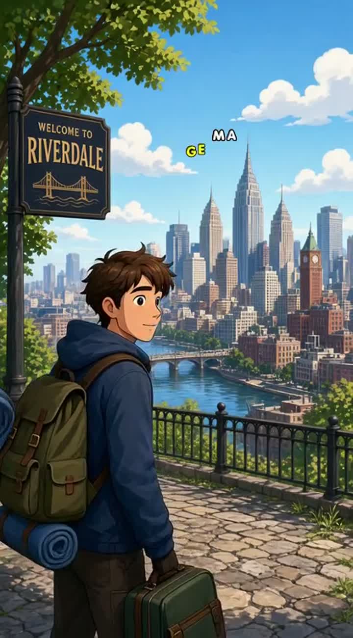 А Caucasian man arriving in a big city and facing new adventures."… — AI cartoon