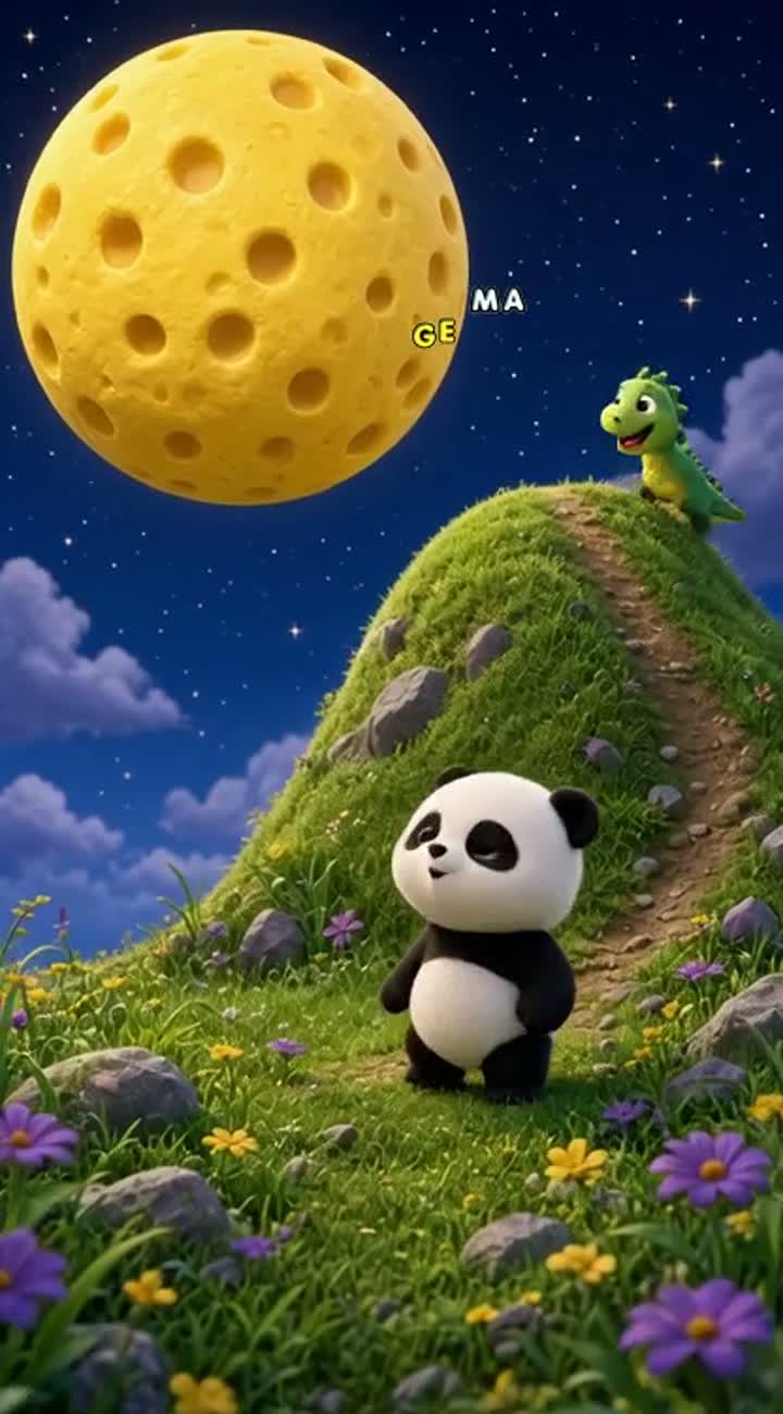A cute baby panda sees a giant cheese moon and says, "Wow! — AI cartoon