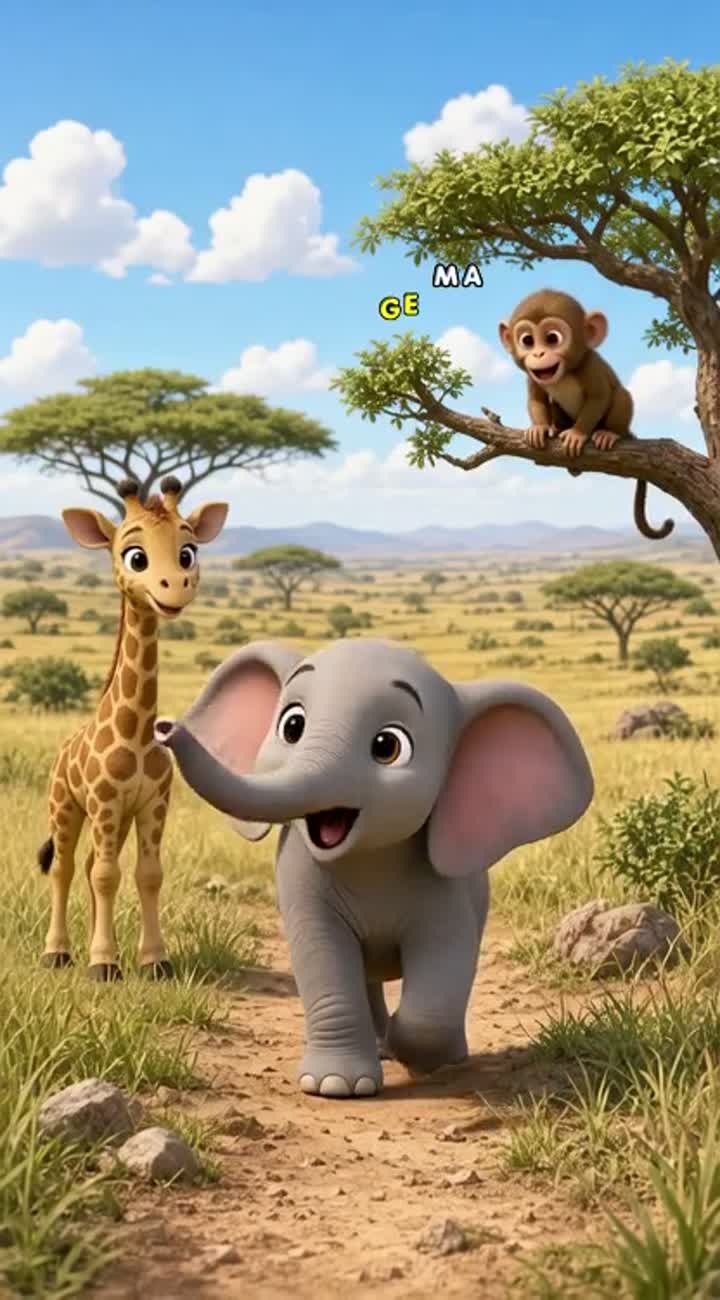 A cute baby elephant named Ellie, a baby giraffe named Gigi… — AI cartoon