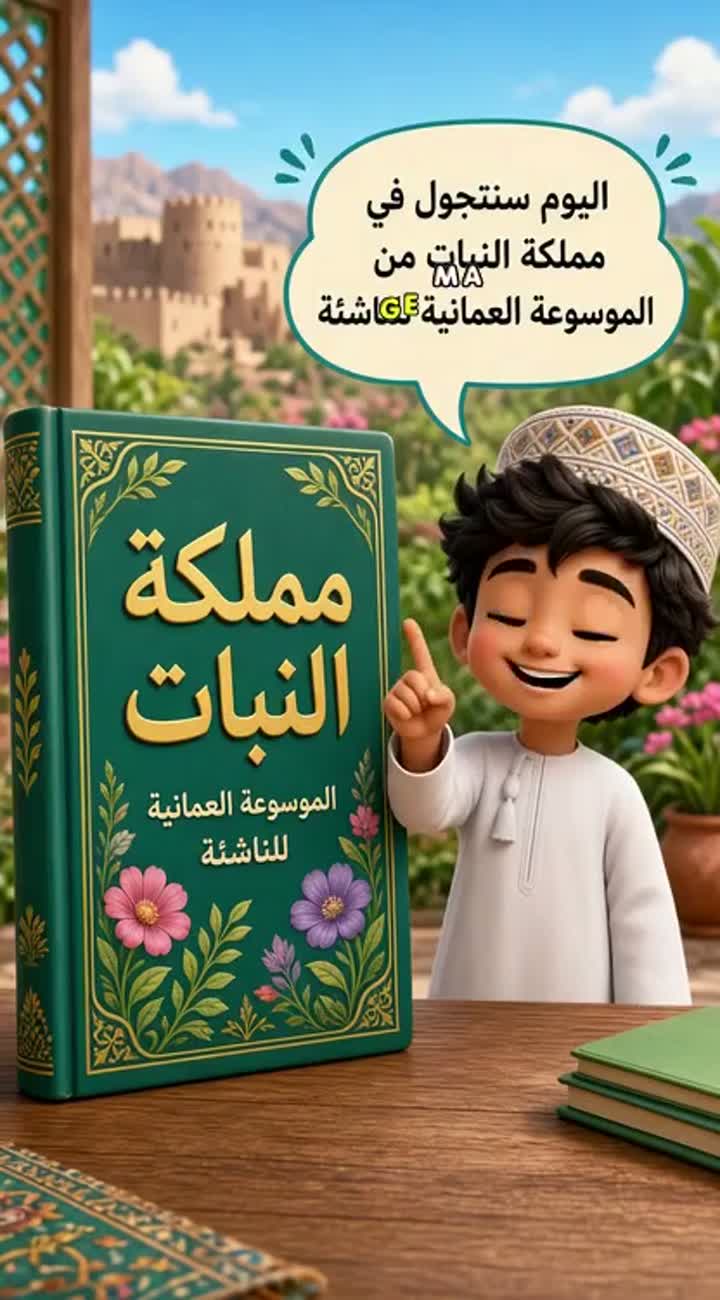 The book titled "مملكة النبات" (The Kingdom of Plants) appears… — AI cartoon