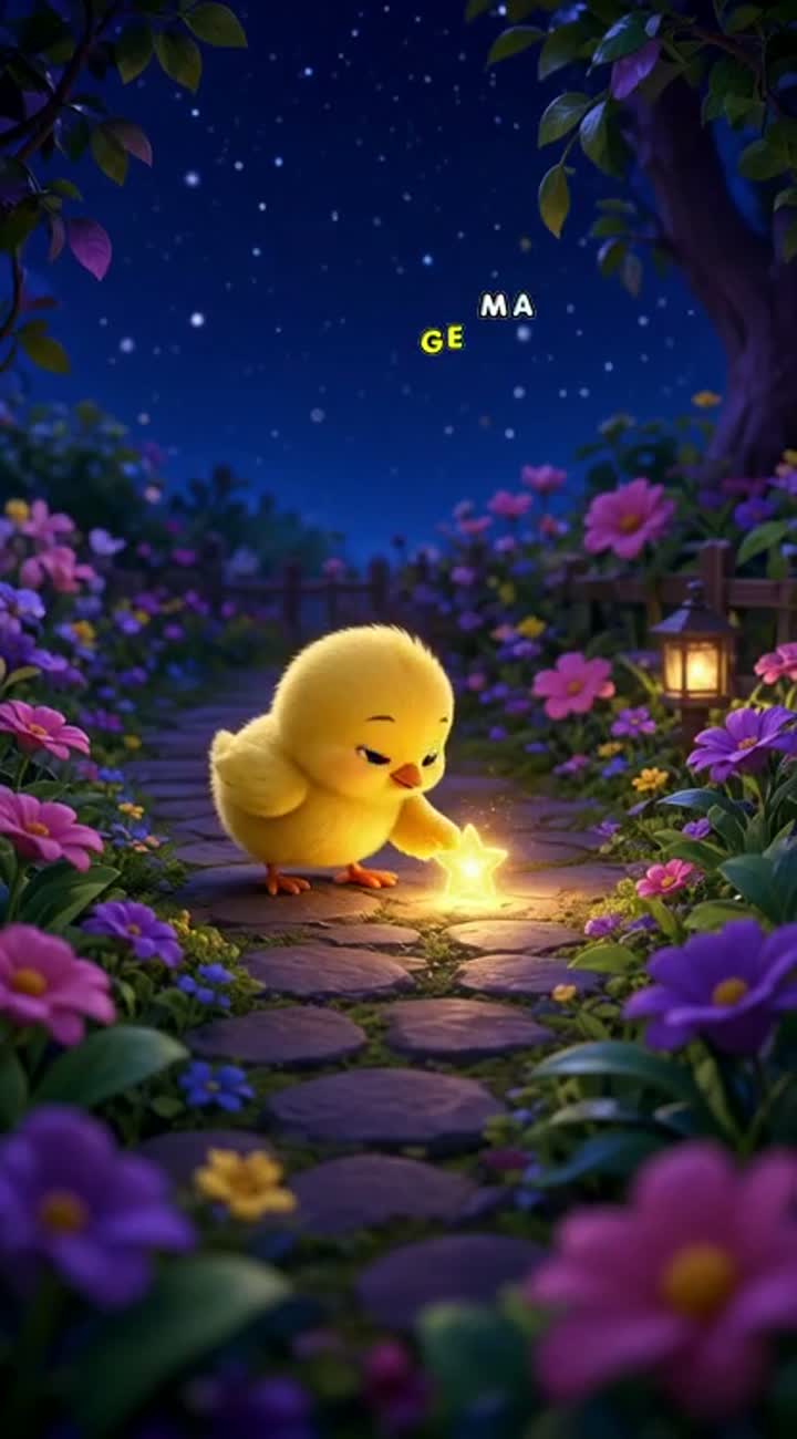 A cute little yellow chick finds a tiny glowing star in a magical… — AI cartoon