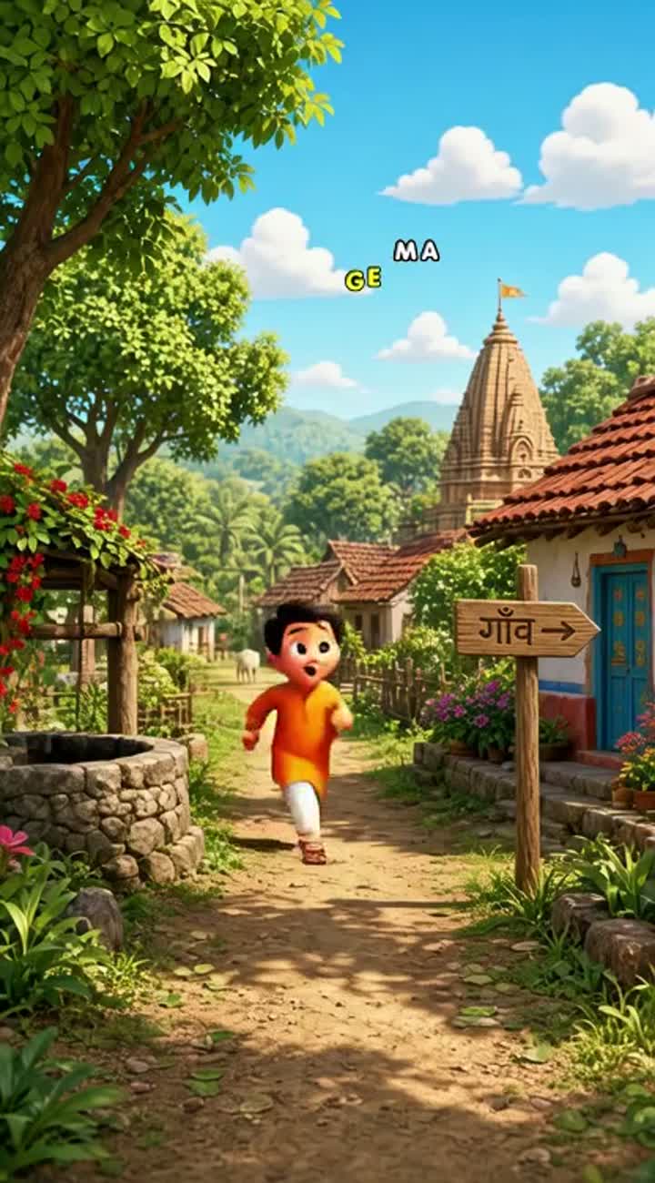 A cheerful Indian village boy finds a treasure map and meets… — AI cartoon