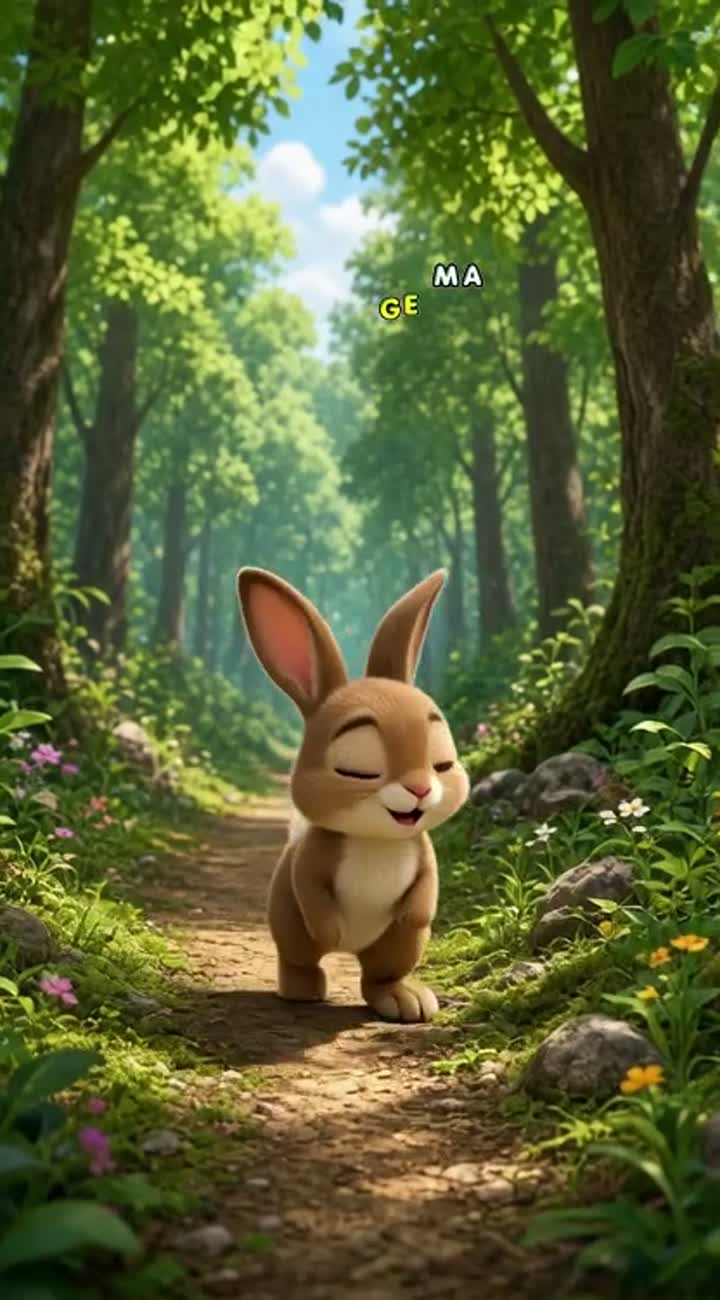 Scene 1: A cute little brown rabbit with big expressive eyes walks… — AI cartoon
